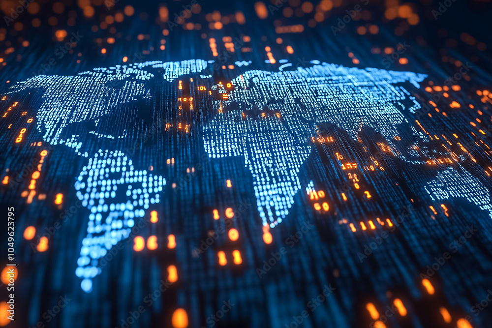 Poster a world map created with glowing binary code, merging technology and geography