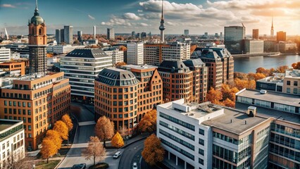 Fototapeta premium An aerial view of a modern city with tall buildings, streets, and a river.