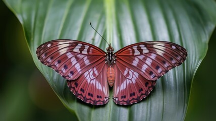 Red and Brown Butterfly on Green Leaf with Blurred Background