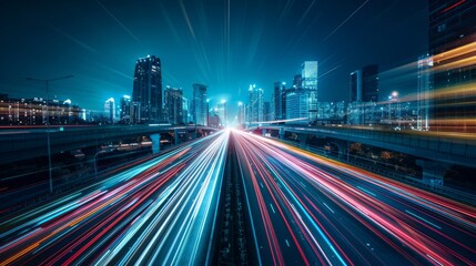 Fototapeta premium road in city with skyscrapers and car traffic light trails. infrastructure and transportation background