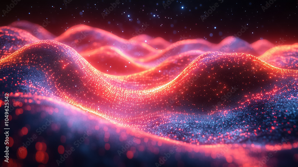 Poster Colorful data streams create an undulating landscape of light and movement in a futuristic setting