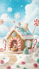 Magical gingerbread house with candy canes and snowflakes, cute characters baking inside, 3D cartoon illustration