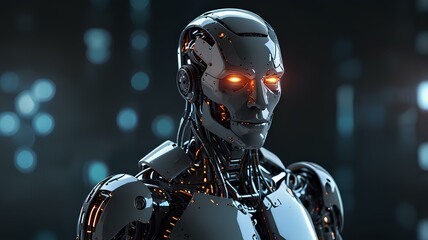 Fototapeta premium Robot ai and digital transformation with cyber tech, android and metaverse with software development for machine learning. Cyborg, connection and scifi abstract, innovation and invention for future.