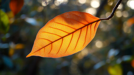 Obraz premium A single orange leaf illuminated by sunlight, with a blurred background of green foliage.