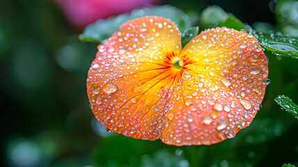 A single orange pansy with water droplets on its petals.