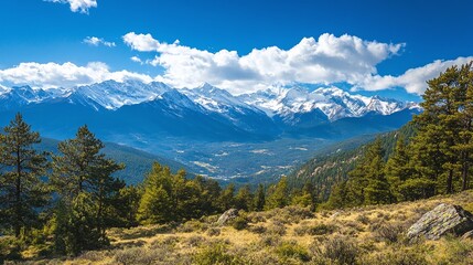 Fototapeta premium Serene Mountain View with Snow-Covered Peaks