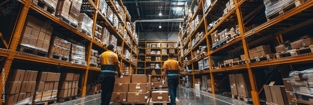 Fototapete Two workers are efficiently moving boxes and pallets in a spacious warehouse lined with shelves stacked with products. Generative AI