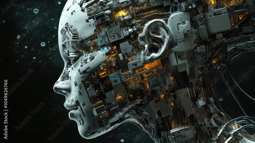 Poster a detailed profile of a humanoid figure made of intricate circuitry and components, illustrating the