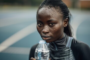Stunning young african female athlete hydrating on outdoor sports track in athletic gear