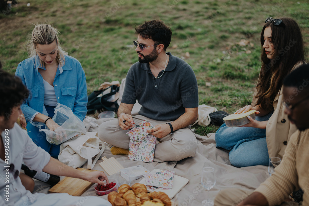 Poster A group of friends enjoys a relaxing day off with a picnic in a park. They are sharing food and laughter, creating a joyful and connected atmosphere.