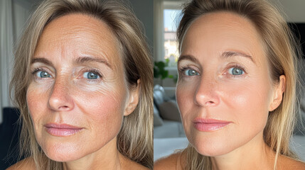 A close-up view shows a woman's face before and after botox injections, illustrating the noticeable smoothing of fine lines and improved skin texture, facelift, surgery,skin rejuvenation