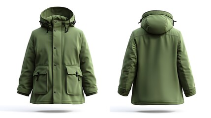 Green winter jacket front and back view with hood and pockets