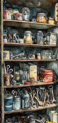 Detailed close-up of cluttered garage inventory shelves