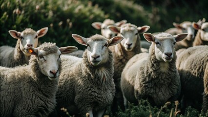 Fototapeta premium A group of sheep stand in a field, looking at the camera.