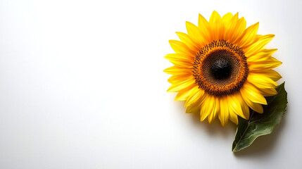 Obraz premium A single sunflower with a green leaf, isolated on a white background.