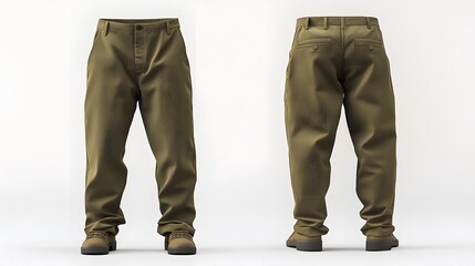Front and back view of casual olive green pants on white background