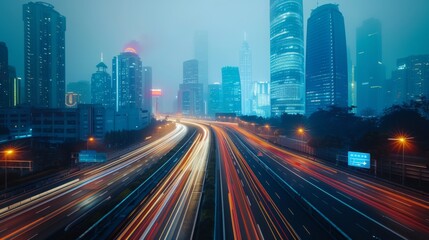 Fototapeta premium road in city with skyscrapers and car traffic light trails. infrastructure and transportation background