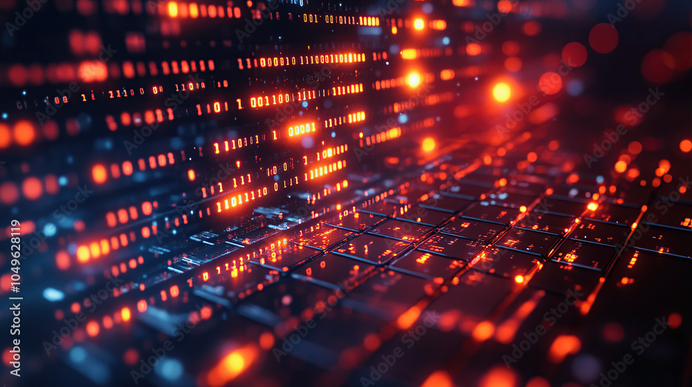 Wall mural close-up of digital data code on a computer screen, glowing orange and red lights, bokeh effect