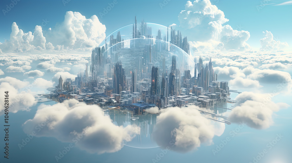Poster concept of a digital city with cloud connections. futuristic network in the clouds.