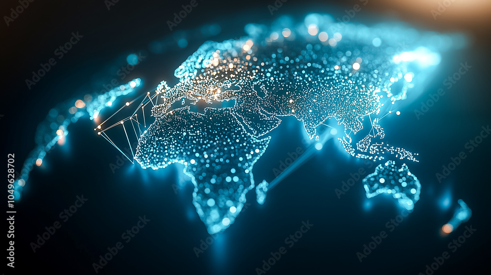 Poster a map shows ai network nodes linking continents in a dynamic, glowing visualization of global connec