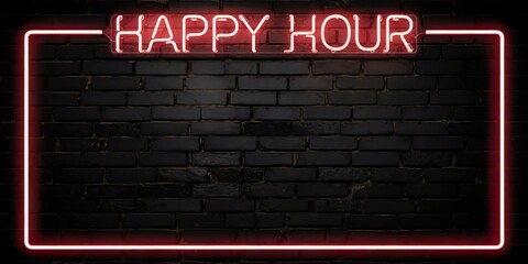 Fototapeta premium Neon Sign on Dark Brick Wall with Happy Hour Theme