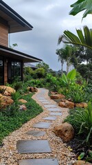 Stone garden path winding through lush tropical landscaping