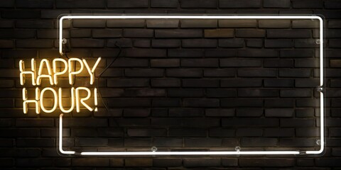 Neon Sign on Dark Brick Wall for Happy Hour Promotion