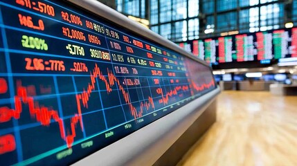 Obraz premium Display of digital stock market data on a large screen with blurred background and lights