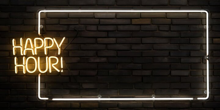 Neon Sign on Dark Brick Wall for Happy Hour Promotion