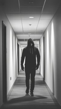Masked intruder slipping unnoticed through narrow hallway, soft sound of footsteps drowned by distant thunderstorm outside
