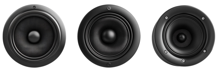 Three black speaker drivers on a white isolate background, showcasing a sleek design perfect for enhancing audio experiences and modern decor.