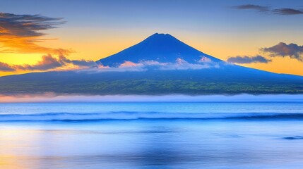 Fototapeta premium Majestic mountain peak bathed in sunlight while others remain shrouded in fog, portraying extraordinary rise above limitations