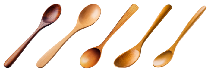 A collection of wooden spoons in varying sizes and shapes, perfect for culinary presentations or kitchen-themed designs, isolated on a white background.