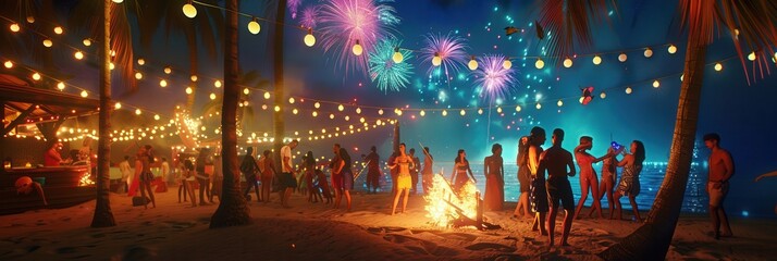 People gather around a bonfire, dancing joyfully on the beach as colorful fireworks light up the night sky. Generative AI