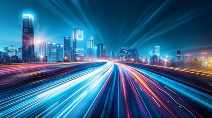 road in city with skyscrapers and car traffic light trails. infrastructure and transportation background