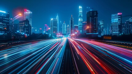 Fototapeta premium road in city with skyscrapers and car traffic light trails. infrastructure and transportation background