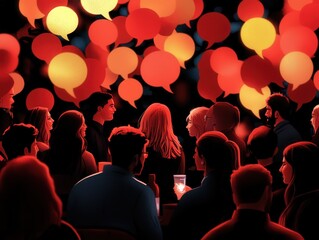 Obraz premium Engaging Conversations in a Vibrant Social Setting with Colorful Speech Bubbles