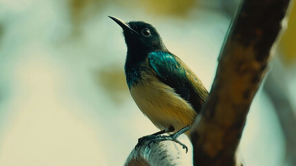 Naklejka premium A small, brightly colored bird perches on a branch, looking up with its beak open.