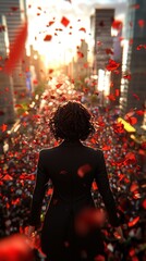 Obraz premium A Powerful Woman Overlooking a Sea of Red Petals at Sunset Amidst a Crowded Cityscape