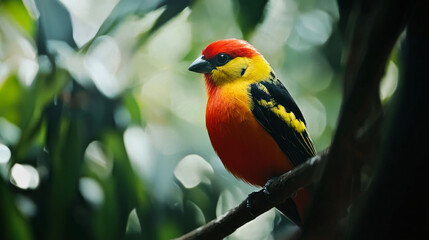 Obraz premium A small, colorful bird with red, yellow, and black feathers perches on a branch in a lush green forest.