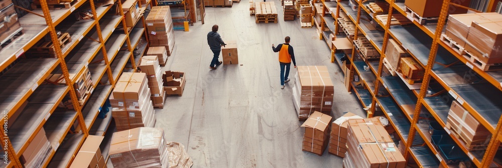 Poster Two workers are moving boxes and pallets around a bustling warehouse stocked with goods on tall shelves. Generative AI