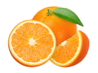Orange fruit with leaves, half and slices isolated, Orange fruit macro studio photo, transparent PNG, PNG format, cut out