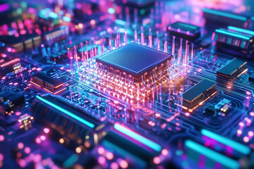 Obraz premium This depiction showcases quantum computing elements glowing and interacting on a microchip with vibrant colors