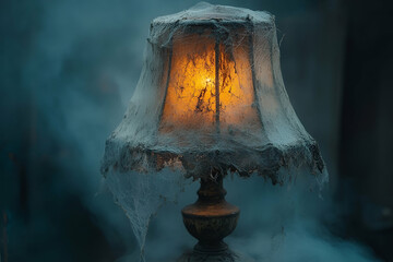 A dimly lit, cobweb-covered lamp radiates a warm glow, creating a haunting ambiance in a foggy setting.