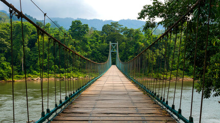 Fototapeta premium A suspension bridge crosses a river in a lush green forest.