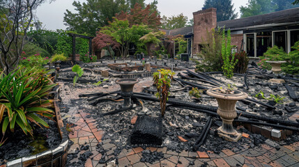 A lush garden devastated by fire, showing burnt furniture and plants amidst surviving greenery on a foggy day.