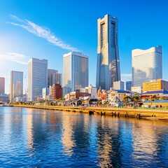 Fototapeta premium Skyline of Umeda in Osaka, Japan, seen across the Yodogawa River early in the morning.