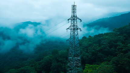 Obraz premium A tall metal power line tower stands against a backdrop of dense forest and rolling hills shrouded in mist.