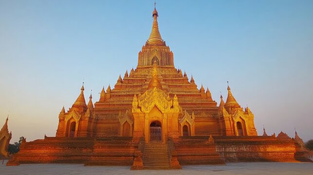The ancient Sulamani Pagoda in Bagan, Myanmar, glows at twilight as the warm colors of the sunset highlight the beauty of the pagoda's intricate design.