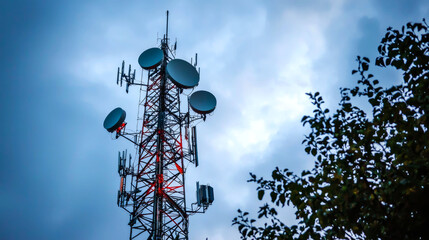 A tall red and white cell phone tower with multiple antennas and satellite dishes against a cloudy sky.